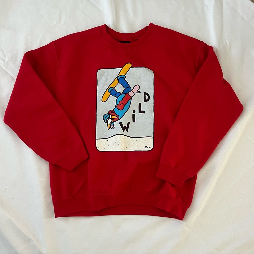 red snowboarding graphic crewneck sweatshirt